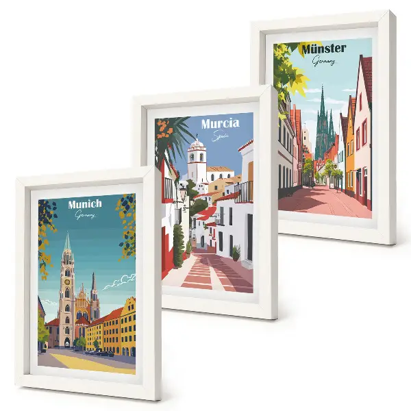 Juego de 3 cuadros decorativos con ilustraciones coloridas de ciudades europeas