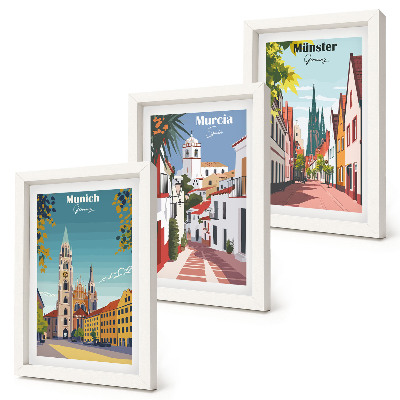 Juego de 3 cuadros decorativos Ciudades europeas en coloridas ilustraciones