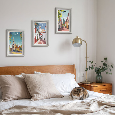 Juego de 3 cuadros decorativos Ciudades europeas en coloridas ilustraciones