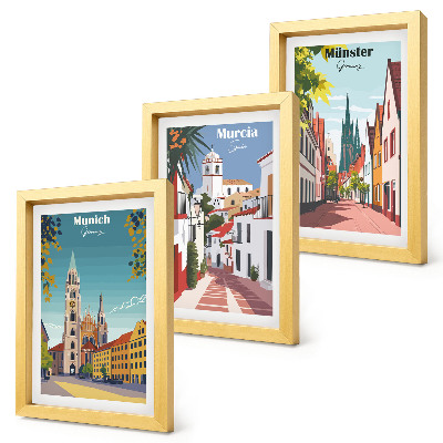 Juego de 3 cuadros decorativos Ciudades europeas en coloridas ilustraciones