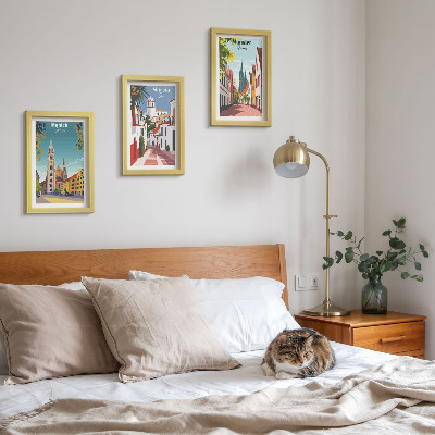 Juego de 3 cuadros decorativos Ciudades europeas en coloridas ilustraciones
