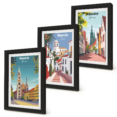 Juego de 3 cuadros decorativos Ciudades europeas en coloridas ilustraciones