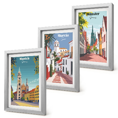 Juego de 3 cuadros decorativos Ciudades europeas en coloridas ilustraciones