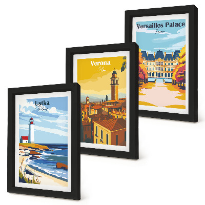 Tríptico enmarcado Vistas de lugares famosos junto al mar y en las ciudades.