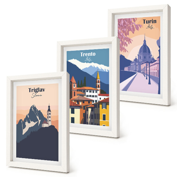 Juego de 3 cuadros decorativos Montañas y arquitectura retro, ilustraciones coloridas