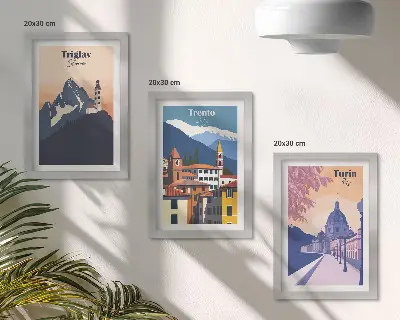 Juego de 3 cuadros decorativos con ilustraciones de montañas y arquitectura retro en colores