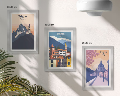 Juego de 3 cuadros decorativos Montañas y arquitectura retro, ilustraciones coloridas