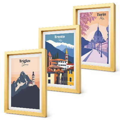 Juego de 3 cuadros decorativos Montañas y arquitectura retro, ilustraciones coloridas