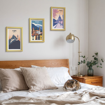 Juego de 3 cuadros decorativos Montañas y arquitectura retro, ilustraciones coloridas