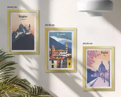 Juego de 3 cuadros decorativos con ilustraciones de montañas y arquitectura retro en colores