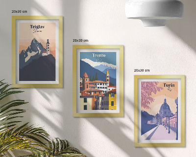 Juego de 3 cuadros decorativos Montañas y arquitectura retro, ilustraciones coloridas