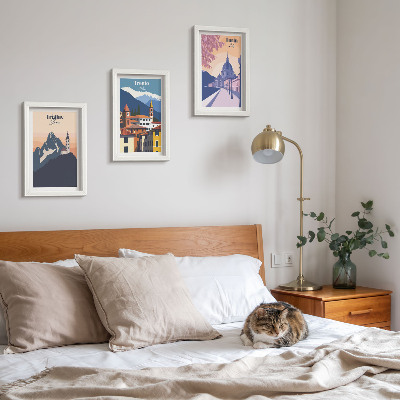 Juego de 3 cuadros decorativos Montañas y arquitectura retro, ilustraciones coloridas