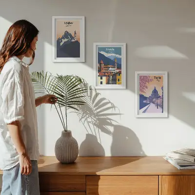 Juego de 3 cuadros decorativos con ilustraciones de montañas y arquitectura retro en colores