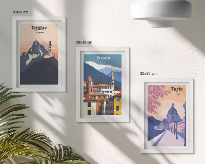 Juego de 3 cuadros decorativos Montañas y arquitectura retro, ilustraciones coloridas
