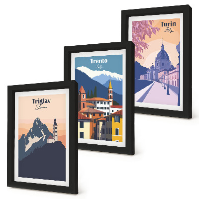 Juego de 3 cuadros decorativos Montañas y arquitectura retro, ilustraciones coloridas