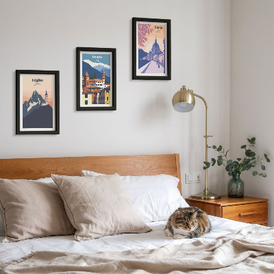 Juego de 3 cuadros decorativos Montañas y arquitectura retro, ilustraciones coloridas