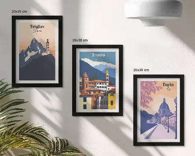 Juego de 3 cuadros decorativos con ilustraciones de montañas y arquitectura retro en colores