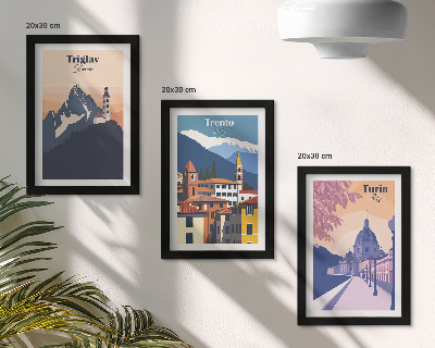 Juego de 3 cuadros decorativos Montañas y arquitectura retro, ilustraciones coloridas