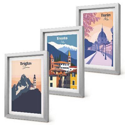 Juego de 3 cuadros decorativos Montañas y arquitectura retro, ilustraciones coloridas