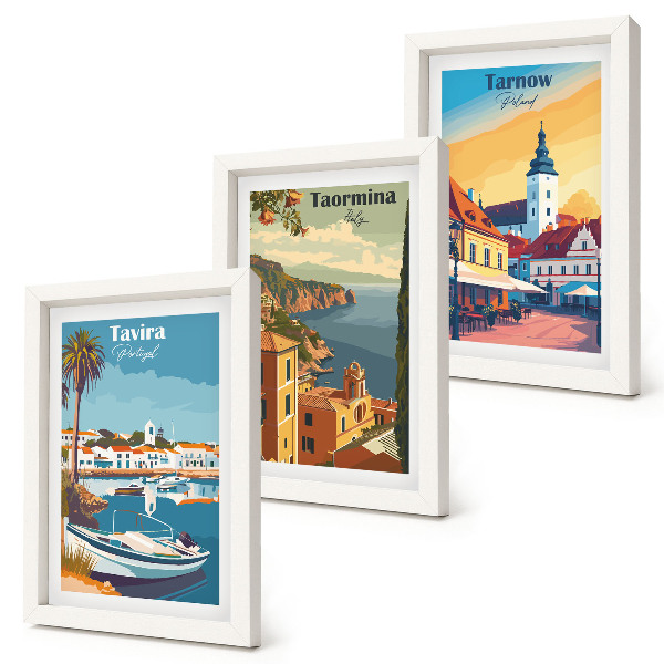 Juego de 3 cuadros decorativos Vistas de ciudades costeras y su arquitectura.