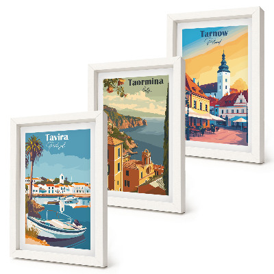 Juego de 3 cuadros decorativos Vistas de ciudades costeras y su arquitectura.