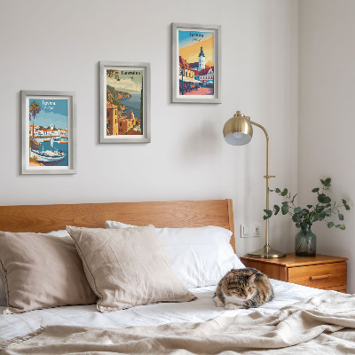 Juego de 3 cuadros decorativos Vistas de ciudades costeras y su arquitectura.