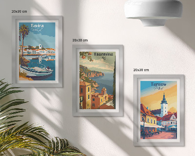 Juego de 3 cuadros decorativos Vistas de ciudades costeras y su arquitectura.