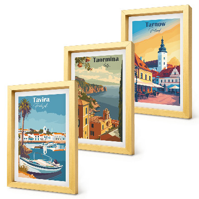 Juego de 3 cuadros decorativos Vistas de ciudades costeras y su arquitectura.