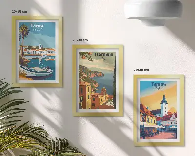Juego de 3 cuadros decorativos con vistas de ciudades costeras y su arquitectura