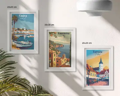 Juego de 3 cuadros decorativos con vistas de ciudades costeras y su arquitectura