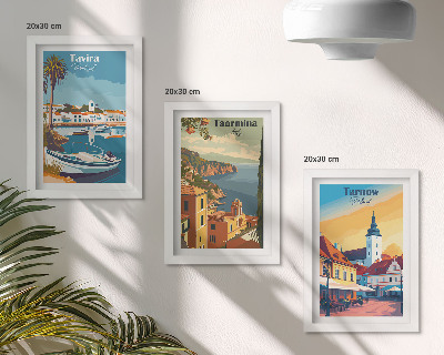 Juego de 3 cuadros decorativos Vistas de ciudades costeras y su arquitectura.