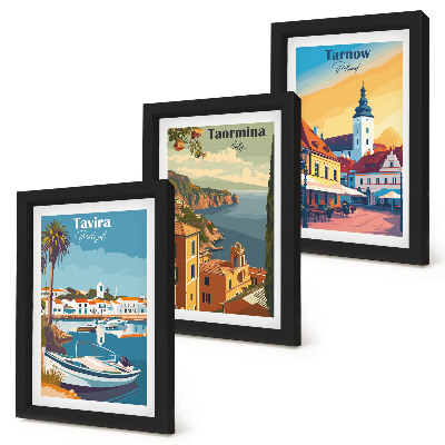 Juego de 3 cuadros decorativos Vistas de ciudades costeras y su arquitectura.