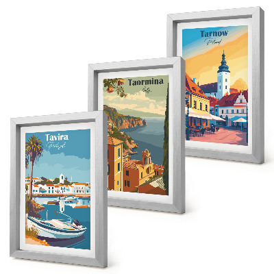 Juego de 3 cuadros decorativos Vistas de ciudades costeras y su arquitectura.