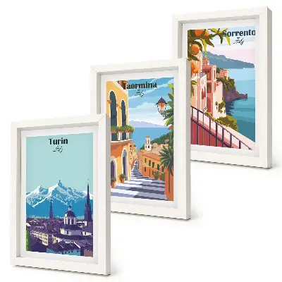 Juego de 3 cuadros decorativos con diseño de paisajes urbanos ilustrados en estilo retro y colorido