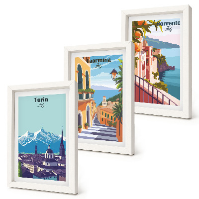 Juego de 3 cuadros decorativos Paisajes urbanos ilustrados, coloridos y de estilo retro.