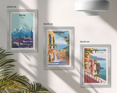 Juego de 3 cuadros decorativos Paisajes urbanos ilustrados, coloridos y de estilo retro.