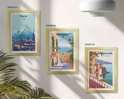 Juego de 3 cuadros decorativos con diseño de paisajes urbanos ilustrados en estilo retro y colorido