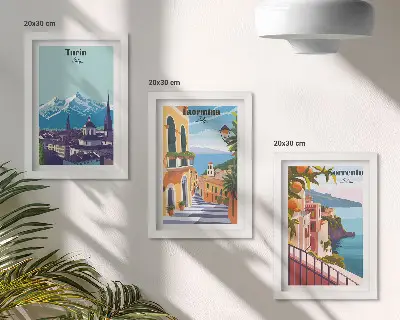 Juego de 3 cuadros decorativos con diseño de paisajes urbanos ilustrados en estilo retro y colorido