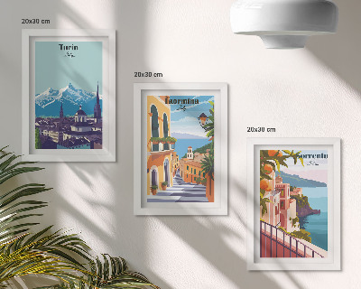 Juego de 3 cuadros decorativos Paisajes urbanos ilustrados, coloridos y de estilo retro.
