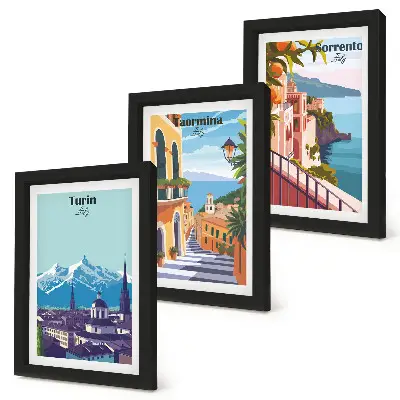 Juego de 3 cuadros decorativos con diseño de paisajes urbanos ilustrados en estilo retro y colorido