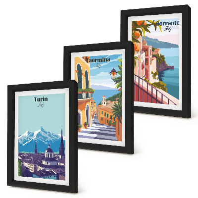Juego de 3 cuadros decorativos Paisajes urbanos ilustrados, coloridos y de estilo retro.