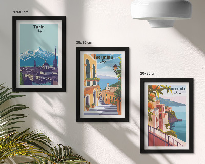 Juego de 3 cuadros decorativos Paisajes urbanos ilustrados, coloridos y de estilo retro.
