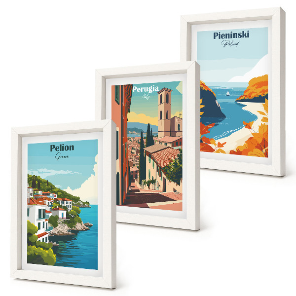 Tríptico enmarcado Paisajes pintorescos con un estilo retro.