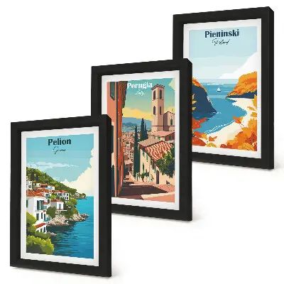Tríptico enmarcado paisajes pintorescos con estilo retro