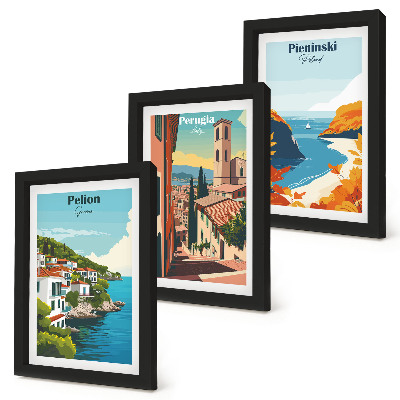 Tríptico enmarcado Paisajes pintorescos con un estilo retro.