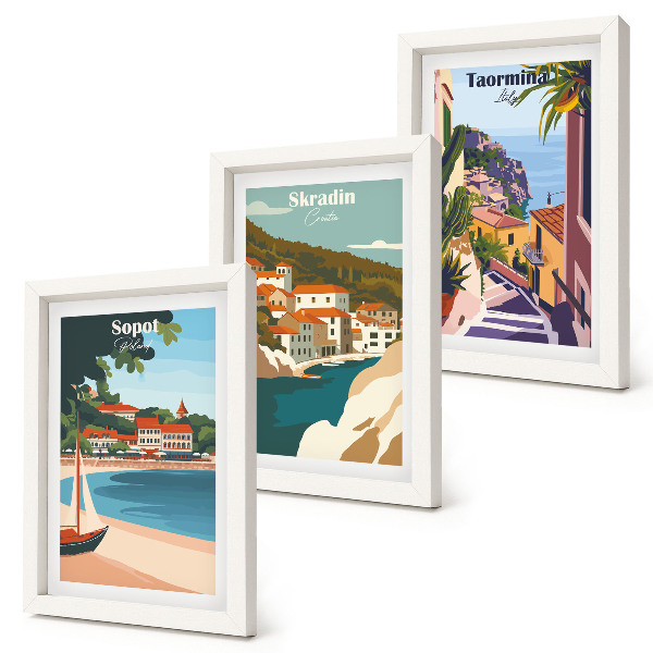 Juego de 3 cuadros decorativos Ilustraciones elegantes de vistas de ciudades costeras