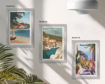 Juego de 3 cuadros decorativos con ilustraciones elegantes de vistas de ciudades costeras