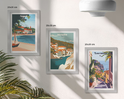 Juego de 3 cuadros decorativos Ilustraciones elegantes de vistas de ciudades costeras