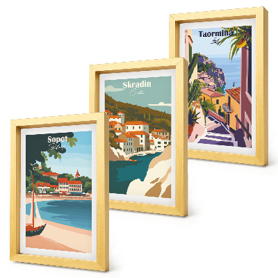 Juego de 3 cuadros decorativos Ilustraciones elegantes de vistas de ciudades costeras