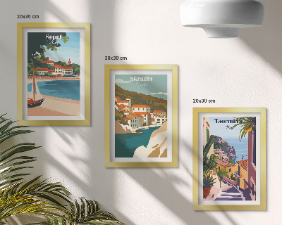 Juego de 3 cuadros decorativos Ilustraciones elegantes de vistas de ciudades costeras